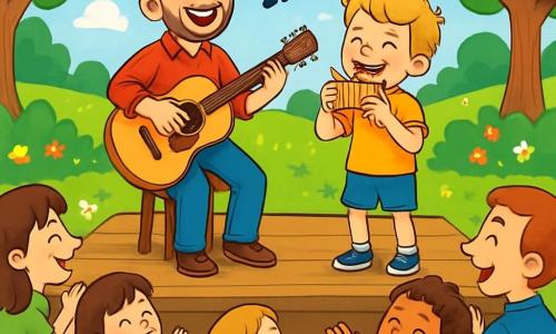 Uśmiechnięty mężczyzna z brązowymi włosami i lekką brodą gra na gitarze na drewnianej scenie w słonecznym parku. Ma na sobie czerwoną koszulę w kratę i luźne dżinsy, a jego twarz promienieje radością i pasją do muzyki. Obok niego stoi 8-letni chłopiec z blond włosami i błyszczącymi oczami, który gra na małej flecie, z szerokim uśmiechem na twarzy, pochłonięty melodią, którą tworzą razem. Otacza ich entuzjastyczna publiczność, składająca się z rodzin i dzieci, siedzących na kolorowych kocach, klaskających i śpiewających. Park jest zielony, z majestatycznymi drzewami, jaskrawymi kwiatami i niebieskim niebem usianym puszystymi białymi chmurami. Scena ukazuje radosną energię koncertu na świeżym powietrzu, gdzie muzyka jednoczy serca i sprawia, że oczy widzów błyszczą.