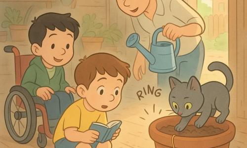 Quatro personagens: Tomás, menino de 6 anos, cabelo castanho curto, camiseta amarela e calção azul, agachado diante de um grande vaso de barro segurando um caderninho aberto; Bento, menino de 6 anos, cabelo preto, em cadeira de rodas vermelha com jaqueta verde, à esquerda de Tomás, apontando para uma marca de pó no chão e sorrindo; Inês, jovem adulta de cabelo castanho preso em rabo de cavalo, bata clara e regador azul na mão, atrás à direita, inclinada para ouvir um pequeno sino; Bolinha, gato cinza de pelo curto e olhos verdes, empoleirado junto ao vaso com o focinho junto a um pequeno sino dourado meio enterrado. Local: pequeno pavilhão de bairro em madeira clara com porta aberta, chão de tábuas empoeiradas, tapete gasto e plantas em vasos ao fundo, luz suave da manhã criando sombras quentes. Situação: as crianças descobrem um sino dourado parcialmente enterrado num vaso de barro molhado, trilhas de metal riscam o pó até a porta e um fio dourado pendurado está partido, atmosfera calma e alegre em tons pastéis.