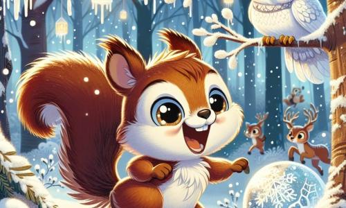 A little squirrel named Oliver, with brown fur and a bushy tail, joyfully jumps in the sparkling snow, his eyes shining with happiness and excitement. He is surrounded by gently falling snowflakes, creating a magical atmosphere. Nearby, a wise owl named Luna, with white feathers and round golden eyes, watches Oliver with a benevolent smile, perched on a tree branch. She seems amused and encouraging, ready to share winter stories. The setting is an enchanted forest, where trees are covered in bright snow, and the ground is carpeted with a thick layer of white flakes. Ice lanterns, illuminated by a soft light, hang from the branches, adding a fairy-tale touch to the scene. The main situation shows Oliver playing in the snow, enthusiastically throwing snowballs, while Luna encourages him to discover the winter traditions of the forest animals.