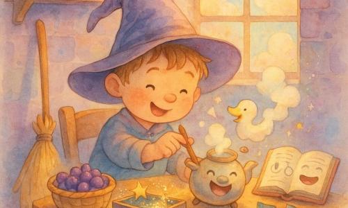 Pip, a 3-year-old apprentice wizard, is concentrated and joyful with a round face and an oversized tilted hat, small hands stirring a smiling, anthropomorphic kettle with a wooden spoon; the kettle has round eyes, bubbles and emits a small duck-shaped cloud while sitting on the table in front of Pip. A shy broom leans against a chair to Pip’s left, watching; a recipe book with glasses and a smiling mouth lies open to his right as if narrating. On the table: a basket of bouncing purple berries, a slightly open starry drawer dusted with sparkling sugar, and a box of glittering socks. The tiny kitchen sits in a smooth purple stone tower with a round window showing fluffy clouds, wooden shelves of labeled jars and star stickers, and warm tiled floors. Main moment: a playful, enchanting scene as Pip stirs calming tea, the spoon slips, the kettle laughs and the duck-cloud appears, cozy pastel watercolor look with controlled glitter splashes around the starry drawer.