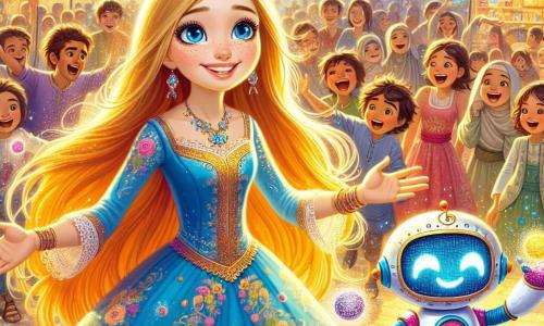 Sleeping Beauty, a young girl with long golden hair and sparkling eyes, stands at the center of the image, a radiant smile illuminating her face. She wears a vibrant blue dress adorned with floral patterns and seems full of energy, ready for a new adventure. Next to her is Max, a friendly robot in bright colors, with glowing eyes and a warm smile. He is juggling shimmering balls, adding a touch of magic to the scene. In the background, a lively market stretches out, filled with colorful stalls selling shimmering fabrics, sparkling jewelry, and delicious treats. Children laugh and play around them, creating a joyful and vibrant atmosphere. The main scene shows Sleeping Beauty and Max surrounded by a group of amazed children, sharing laughter and moments of happiness, while a gentle shower of colorful glitter falls around them, symbolizing the magic of friendship and kindness.