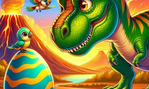 A green and yellow-scaled Tyrannosaurus Rex with large bright eyes and a friendly smile stands on hot volcanic ground, curiously watching a giant blue and gold striped egg gently swaying. Next to him, a small colorful-feathered Microraptor with sparkling eyes joyfully flies, excitedly observing the egg. In the background, a green-skinned mother sauropod with long eyelashes watches over her baby sauropod, which has just hatched, while smoking volcanoes majestically rise under an orange and golden sky. The scene conveys a sense of wonder and adventure as the Tyrannosaurus and his friends explore the miracle of life in the valley of dinosaurs.