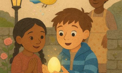 A 10-year-old boy with a round, freckled face and messy chestnut hair looks amazed—wide shining eyes and slightly open mouth—wearing a blue-and-white striped coat with sleeves a bit too long, carefully holding a small ivory-yellow glowing egg; his roughly 8-year-old sister with brown braids stands to his right, leaning toward the egg with joined hands and a curious smile; their mother (about 35) with a bun and polka-dot apron smiles attentively from near the door in the background. A tiny lemon-sized bird named Hope, with ribbon-like feathers painted blue, yellow, and green, hovers above the egg leaving pastel sparks. The setting is a village garden at dusk with a mossy gray stone wall, pink roses, green grass dotted with daisies, and a wrought-iron lantern casting warm light. The main action shows the boy pulling the glowing egg from his coat pocket as the light illuminates faces and the bird begins to emerge; the mood is soft, magical, and intimate, rendered in torn-paper collage style with cut edges, textured paper grain, simple vellum shadows, a warm pastel palette (pale yellow, salmon pink, tender green) contrasted by the blue coat and golden accents, composition centered on the hands and egg to emphasize wonder.