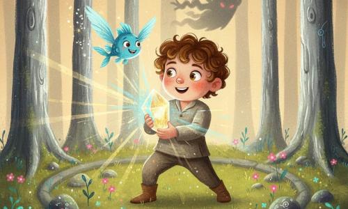 A 6-year-old boy with a round face, curly chestnut hair and bright hazel eyes, wearing simple dusty clothes and knees slightly bent as if he just ran, stands center holding a glowing Crystal of Light that radiates blue and gold; a small winged fish called Fizzle, electric blue with translucent fins and paper-thin wings, flies at his shoulder emitting sparks with a joyful, protective expression; in the background a smoky silhouette of the Shadow King with muted red eyes retreats into shadow, threatened and dispersed by the crystal’s beams. The scene is the Glimmering Glade, a circular clearing of tall silver-trunked trees, mossy ground with pink and turquoise luminescent flowers and rocks embedded with crystals. The crystal explodes into colored beams that repel shadows; the atmosphere is warm and vibrant with a science-fantasy touch—small floating mechanicals and runes on the stones. Style: gouache with visible brushstrokes, saturated yet soft colors, grainy textures, diffuse light and strong contrasts to evoke wonder.