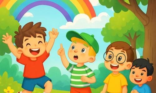 There are 4 children: Leo, a 5-year-old boy with messy brown hair and sparkling eyes, wearing a red t-shirt and blue shorts, jumping for joy with his arms raised to the sky; Max, a 5-year-old boy with blonde hair and rosy cheeks, wearing a green cap and a striped t-shirt, pointing at the sky in awe; Sam, a 5-year-old boy with brown hair and round glasses, wearing a yellow t-shirt and beige pants, smiling widely while looking up with wide eyes; and Jake, a 5-year-old boy with black hair and a mischievous smile, wearing a light blue t-shirt and orange shorts, crouching behind a tree, laughing and watching his friends. The scene takes place in a lush green park filled with majestic trees and vibrant green leaves, with soft grass and colorful flowers swaying in the wind. In the distance, a bright rainbow stretches across the blue sky, illuminating the scene with vivid colors. The main situation shows the four friends discovering a beautiful rainbow after a light rain, all amazed and joyfully dancing on the grass, celebrating the magic of the moment.