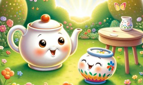 In a sunny garden, a small porcelain teapot named Tilly, with a round, shiny body and a delicately curved spout, joyfully stands on a green lawn, singing enthusiastically. Her eyes sparkle with curiosity and happiness. Beside her, an old ceramic cup named Mr. Whiskers, with cracks that tell stories, sits on a small wooden table, smiling kindly. He looks at Tilly with pride, his eyes shining with wisdom. Nearby, a cheerful sugar bowl named Sally, round and colorful, with a lid that seems to dance, is on the same table, bursting with laughter and adding a touch of sweetness to the atmosphere. The garden is filled with vibrant flowers, with butterflies fluttering around, and a gentle ray of sunshine illuminates the scene, creating a warm and welcoming ambiance. Tilly, in search of wisdom, listens attentively to the advice of Mr. Whiskers and Sally as they share secrets about friendship and happiness, surrounded by the beauty of nature.