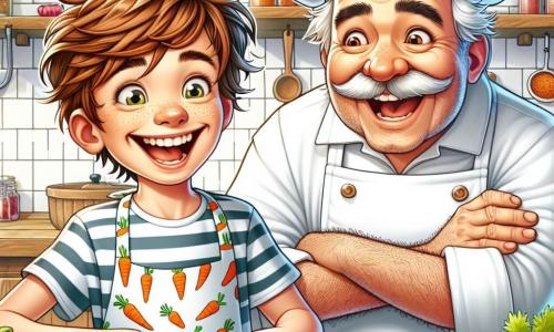 A young boy named Tommy, about 10 years old, with messy brown hair and a big smile radiating excitement, stands in front of a large kitchen table. He wears a carrot-patterned apron and holds a chef's knife, focused and determined, ready to chop colorful vegetables. Next to him, Chef Gustave, a jovial man around 50, with a tall white hat and a thick mustache, watches with a benevolent smile, arms crossed, encouraging Tommy with a proud look. The spacious, bright kitchen has white tiled walls and shelves filled with colorful spice jars. A large wooden countertop is covered with fresh vegetables, herbs, and sparkling kitchen utensils. The scene shows Tommy preparing a dish, surrounded by a joyful and lively atmosphere, with the aromas of cooking in the air and the sound of ingredients sizzling in the pan.