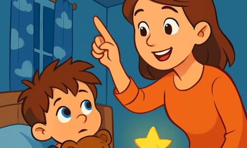 A 4-year-old boy with messy brown hair and big blue eyes is lying in his bed. He looks both curious and a bit worried, tightly holding his teddy bear, Mr. Snuggles, a brown bear with a friendly smile. His mother, a gentle woman in her 30s with brown hair and warm eyes, stands beside him, smiling and reassuring, pointing out the bright stars stuck to the ceiling. The room is small and cozy, with sky-blue walls and curtains featuring white cloud patterns. A fluffy rug is on the floor, and a star-shaped lamp softly illuminates the room. The main scene shows the boy lying in bed, captivated by the stars shining in the dark, while his mother tenderly talks to him, creating a magical and comforting atmosphere.