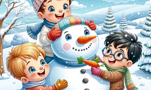 Tre ragazzi felici stanno costruendo un grande pupazzo di neve in un giardino innevato. Marco, un bambino di 6 anni con capelli castani e occhi brillanti, sorride mentre tiene una grossa palla di neve. Accanto a lui, Luca, un altro bambino di 5 anni con capelli biondi e guance rosate per il freddo, mette una carota come naso sul pupazzo di neve. Infine, Tommi, un ragazzo di 6 anni con capelli neri e occhiali, ride mentre aggiunge un cappello colorato sulla testa del pupazzo. Il giardino è coperto da uno spesso strato di neve scintillante, con alberi le cui branche sono cariche di fiocchi. Il cielo è di un blu brillante, punteggiato di nuvole bianche e soffici. I tre amici stanno ridendo e divertendosi mentre creano insieme il loro capolavoro invernale.