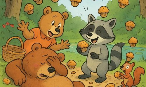 Benny, a large round plush brown bear, lies on his back among sticky muffins, cheeks flushed and one paw covering his eyes; Lenny the raccoon, small with black-and-gray stripes, stands beside him grinning and chewing a muffin, his tail fluffed; Aunt Bertha, an older light-furred bear with an overturned basket, leans over them with hands open and a surprised smile as muffins fall around her; Squeaky the tiny lively squirrel clumsily juggles three muffins on his head from a nearby stone; a dirt path by a sparkling pond, flowering bushes, textured trees and a soft blue sky form the background; the main gag is a banana-peel trap that failed and instead showered golden sticky muffins, creating a joyful, slightly chaotic scene of scattered muffins, comic expressions, warm colors and appetizing textures.