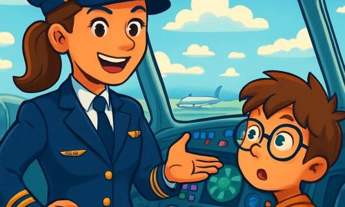 A female pilot, Captain Amelia Skye, confidently stands in the cockpit of an airplane, her eyes shining with excitement and a broad smile on her face. She wears a stylish pilot uniform with a cap, her brown hair tied back in a neat ponytail. Next to her, a small boy about 8 years old, with glasses and messy brown hair, gazes in wonder out the cockpit window, his eyes wide with fascination. The cockpit is filled with colorful buttons and shiny instruments, offering a spectacular view of a blue sky dotted with fluffy white clouds. In the background, airplanes are visible on the ground and busy runways, creating a dynamic and lively atmosphere. The main scene shows Captain Amelia enthusiastically explaining to the children how flying works, while the little boy listens attentively, dreaming of becoming a pilot one day.