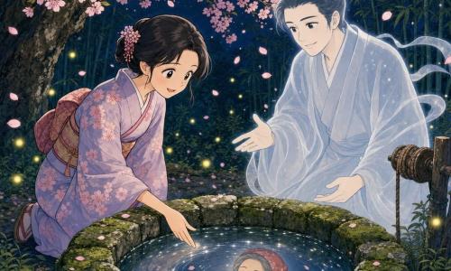 Akiko (etwa 30) kniet neben einem moosbedeckten alten Steinebrunnen, lächelt sanft und trägt ein pastellfarbenes Kimono mit Kirschblütenmuster, ihre Hand reicht zur Wasseroberfläche; neben dem Brunnen schwebt der geisterhafte Mann Yuki in einem durchscheinenden weißen Gewand, wohlwollend und führend; im Wasser spiegelt sich eine ältere Ahnin mit rotem Kopftuch, ruhig lächelnd, als spreche sie still; die Nachtaufnahme unter einem blühenden Kirschbaum zeigt tiefe Äste voller rosa Blüten und fallender Blütenblätter, eine helle runde Mondscheibe und dunkle Bambushaine im Hintergrund; die Stimmung ist friedlich und magisch, das Brunnenwasser reflektiert silberne Lichter, kleine gelbe Glühwürmchen tanzen, dezente Texturen von Stein und Moos; Farbpalette zart (blassrosa, Nachtblau, tiefgrün, silber) und ein grafischer Stil mit klaren Linien, einfachen runden Formen, warmen, kindgerechten Zügen und gut lesbaren, ausdrucksstarken Gesichtern.