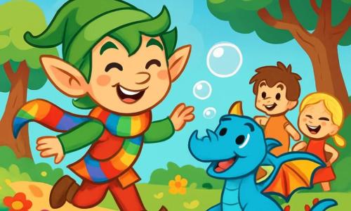 Un elfo alegre, con orejas puntiagudas y cabello verde brillante, lleva una larga bufanda colorida que arrastra detrás de él. Sus ojos chispeantes de malicia muestran su emoción mientras baila sobre un camino de flores multicolores. A su lado, un pequeño dragón azul con alas de arcoíris, con una gran sonrisa y ojos brillantes, se divierte haciendo burbujas de jabón con su nariz. Al fondo, un grupo de niños humanos, un niño de 8 años con cabello castaño despeinado y una niña de 7 años con trenzas rubias, observan asombrados la escena. El niño señala al dragón, mientras la niña ríe a carcajadas, con las manos en las caderas. La escena tiene lugar en el Bosque de los Colores Locos, un lugar mágico donde los árboles bailan y las flores ríen, bajo un cielo azul salpicado de nubes con forma de sombreros divertidos. El pequeño elfo y el dragón se divierten jugando juntos, rodeados de risas y colores brillantes, mientras los niños humanos los observan, fascinados por este encuentro alegre.