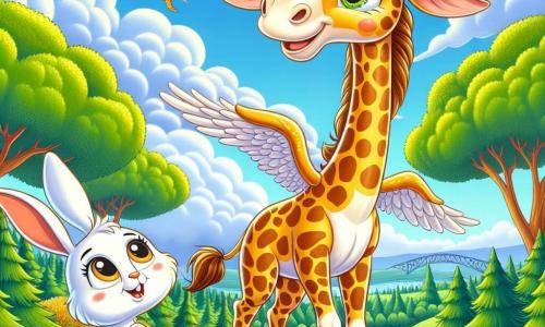 O girafă numită Gigi, cu un gât lung și elegant și pete galbene și maro care strălucesc la soare, stă pe vârful unei coline verzi, cu ochii mari de bucurie și uimire, pregătindu-se să zboare. Lângă ea, un iepuraș alb numit Ionuț, cu urechi mari și blană pufoasă, o privește pe Gigi cu un zâmbet încurajator, așezat pe iarba verde, cu labele din față încrucișate. În fundal, o pădure luxuriantă se întinde la orizont, cu copaci majestuoși și flori colorate care dansează în vânt. Scena surprinde momentul magic în care Gigi, plină de entuziasm, se pregătește să-și îndeplinească visul de a zbura deasupra pădurii, înconjurată de frumusețea naturii.