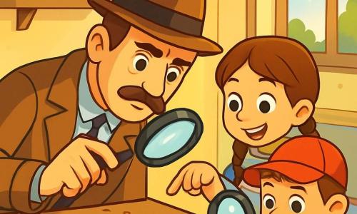 Een mannelijke detective van rond de veertig, met een verzorgde snor en een vilten hoed, onderzoekt aandachtig een kleine pootafdruk op de vloer, met een geconcentreerde en nieuwsgierige blik. Naast hem wijst een 8-jarig meisje met bruine vlechten en een gestreept T-shirt naar een koekjeskruimel op de tafel, met sprankelende ogen van opwinding. Een 8-jarige jongen met een rode pet en een ondeugende glimlach houdt een vergrootglas vast en observeert gefascineerd de koekjeskruimels. De scène speelt zich af in een warme keuken met pastelgele muren, een rustieke houten tafel vol kruimels en een groot raam dat zonlicht binnenlaat. Gekleurde potten jam staan op een plank en een grijs-witte kat sluipt nieuwsgierig bij de deur. In deze situatie ontdekken de detective en de kinderen aanwijzingen om het mysterie van de verdwijning van de koekjesdoos op te lossen, terwijl ze samen een avontuur en kameraadschap delen.