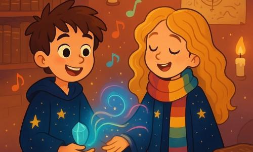 Un giovane mago di nome Milo, di circa 10 anni, si trova al centro della scena. Ha capelli castani disordinati, occhi pieni di curiosità e un sorriso radioso. Indossa una veste da mago blu notte decorata con stelle scintillanti e tiene in mano una pietra azzurra che brilla. Accanto a lui c'è Lila, una cantante di incantesimi di circa 12 anni, con lunghi capelli ondulati come onde dorate, che indossa un mantello di velluto stellato e una sciarpa colorata che cambia tonalità. Lei canta dolcemente, con gli occhi brillanti di emozione. L'ambiente è una sala magica dell'Accademia delle Brezze, piena di libri antichi con copertine dorate, mappe dei venti appese alle pareti e candele fluttuanti che illuminano la stanza con una luce calda. Note musicali colorate fluttuano nell'aria, creando un'atmosfera incantata. La scena principale mostra Milo e Lila mentre creano un ponte di energia magica tra le loro mani, mentre una dolce melodia risuona attorno a loro. Luci scintillanti danzano nell'aria, simboleggiando i flussi di energia che si connettono, mentre una mano timida appare lentamente, cercando di unirsi a loro.