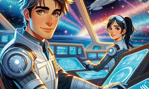 Captain Ethan Voss stands on the command bridge of his spaceship, the Odyssey. With slightly tousled brown hair, sparkling eyes of excitement, and a determined smile, he wears a silver spacesuit that shines under the dashboard lights. Beside him, Lieutenant Aria Lee, a young woman around 30 with a ponytail and goggles on her forehead, adjusts the controls with intense focus, her features marked by the adrenaline of exploration. In the background, a hologram of a star map glimmers, showing the route through the mysterious Trion Cluster, filled with colorful nebulae and shimmering planets. The main scene depicts Ethan and Aria navigating through a field of bright stars as a wave of luminous energy sweeps across the screen, illuminating their faces with a fascinating glow and revealing the vastness of the universe surrounding them.