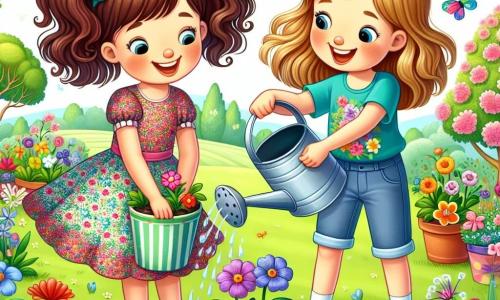 Una niña de 10 años llamada Alicia está en el centro de un jardín en flor, sonriendo con alegría. Tiene el cabello castaño ondulado, recogido en dos coletas, y lleva un vestido colorido con estampados florales. Alicia planta flores multicolores en la tierra, con las manos llenas de tierra, mostrando su entusiasmo por la primavera. Junto a ella, su mejor amiga Clara, también de 10 años, tiene el cabello rubio y viste una camiseta azul y un short de mezclilla. Clara sostiene una regadera y riega las flores recién plantadas, riendo mientras mira a Alicia. El jardín es un verdadero cuadro primaveral, con flores brillantes, árboles en flor y un cielo azul con nubes blancas. Mariposas de colores vuelan a su alrededor, añadiendo un toque de magia a la escena. Alicia y Clara, unidas por su amor a la naturaleza, preparan el jardín para una gran fiesta de primavera, llenas de energía y felicidad, listas para recibir a sus amigos para una aventura inolvidable.