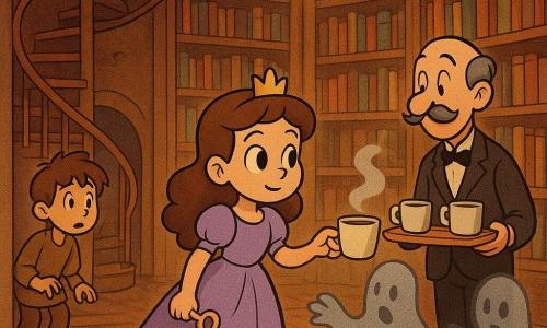Principessa Viola, volto dolce e determinato, occhi grandi e brillanti, vestito lavanda fluido, tiene una piccola chiave d'oro e porge una tazza di cioccolata calda a un'Ombra; il maggiordomo M. Ramo (uomo ~50 anni) con sottili baffi grigi e giacca scura porta un vassoio con due tazze fumanti, leggermente dietro alla principessa sulla destra; un paggio di circa 12 anni con capelli spettinati e abiti semplici color terra osserva sorpreso dall'ingresso stringendo l'anta; tre Ombre non umane, silhouette sfumate e ondulate color grigio perla e inchiostro, semi-trasparenti, una tende la 