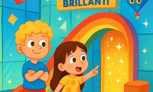 Ci sono 2 personaggi principali: Leo, un ragazzo di 8 anni con capelli ricci e biondi, che indossa una maglietta blu e pantaloni corti rossi, in piedi con le braccia incrociate e un grande sorriso, e Sofia, una ragazza di 7 anni con lunghi capelli castani, che indossa un vestito giallo a pois, leggermente in avanti rispetto a Leo, con gli occhi spalancati dalla curiosità mentre punta verso la porta segreta. La scena si svolge nella Casa dei Bambini Brillanti, un edificio futuristico con muri di vetro colorato, arredato con mobili fluttuanti e luci scintillanti. Il pavimento è un tappeto morbido che cambia colore sotto i loro piedi, mentre robot aquiloni volano attorno a loro. L'azione principale mostra Leo e Sofia che scoprono una porta segreta scintillante dietro un grande scivolo arcobaleno, affascinati e pronti a entrare in un mondo misterioso pieno di sorprese.