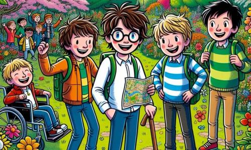 In een bloeiende park verzamelen vier vrienden zich om een lenteklokkenjacht te organiseren. Tim, een 12-jarig jongen met messy bruin haar en ronde bril, staat in het midden met een kaart in de hand. Max, een 11-jarig jongen met blond haar en sprankelende ogen, staat rechts van hem, enthousiast zijn armen in de lucht stekend. Joris, een 12-jarig jongen met kastanjebruin haar en een brede glimlach, staat links met een doos vol kleurrijke schatten. Sam, een 11-jarig jongen in een rolstoel met zwart haar en een bril, staat iets naar achteren, kijkend naar zijn vrienden met een grote glimlach, omringd door zijn zelfgemaakte bloemtekeningen. Het park is vol met schitterende bloemen in alle kleuren, majestueuze bomen met groene bladeren en een heldere blauwe lucht vol donzige witte wolken. De vrienden zijn klaar om hun schattenjacht te beginnen, elk gereed om prachtige lentefondsen in het groen te zoeken.