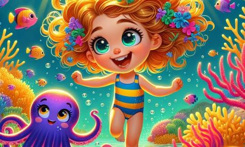 Uma menina de 8 anos, chamada Lia, com cabelos cacheados dourados e olhos brilhantes de curiosidade, nada alegremente debaixo d'água, cercada por peixes coloridos. Ela usa um maiô listrado azul e amarelo, e seu rosto expressa uma alegria radiante e uma excitação palpável. Ao seu lado, um polvo roxo chamado Polvinho, com tentáculos ondulantes e um sorriso travesso, flutua mostrando o caminho a seguir. O cenário é um recife de corais vibrante, cheio de corais multicoloridos, pequenas estrelas do mar laranjas e peixes cintilantes que dançam ao redor deles. A luz do sol filtra através da água, criando reflexos dourados na areia abaixo. A cena principal mostra Lia e Polvinho atravessando o Labirinto das Anêmonas Dançarinas, onde anêmonas rosas e verdes balançam ao ritmo das ondas, prontas para desafiá-los. Lia, cheia de coragem, desvia habilidosamente dos tentáculos das anêmonas enquanto ri, enquanto Polvinho a incentiva com entusiasmo.