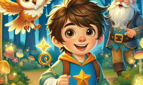 Um garoto de 6 anos, Lucas, está no centro da imagem, com um grande sorriso de excitação no rosto. Ele tem cabelos castanhos bagunçados, olhos brilhantes de curiosidade e usa um chapéu azul com uma estrela dourada na frente. Lucas segura uma chave mágica em uma mão e um cristal brilhante na outra, pronto para resolver um mistério. Ao lado dele, uma coruja dourada, com penas cintilantes e olhos brilhantes como estrelas, voa alegremente ao redor de Lucas, adicionando um toque de magia à cena. Um gnomo, com cerca de 50 anos, está um pouco atrás, com uma barba branca e um chapéu pontudo, observando Lucas com admiração e apontando para o cristal. O cenário é uma floresta encantada, onde as árvores são altas e majestosas, suas folhas brilham com um brilho dourado, e flores coloridas crescem entre as raízes. Luzes cintilantes flutuam no ar, criando uma atmosfera mágica. A cena principal mostra Lucas, com um olhar determinado, pronto para liberar o cristal mágico das raízes da árvore, enquanto a coruja e o gnomo o incentivam, cercados pela magia da floresta.