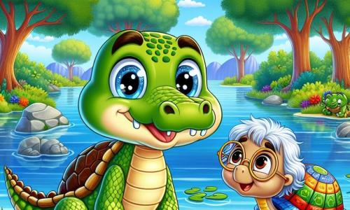 Um crocodilo chamado Caco, com pele verde brilhante e olhos cheios de curiosidade, está à beira de um lago cintilante, sorrindo, pronto para sua aventura. Ao lado dele, uma tartaruga sábia, com uma carapaça colorida e óculos redondos, observa-o com um olhar benevolente, sentada em uma pedra, indicando o caminho a seguir. Ao fundo, o lago é cercado por árvores majestosas com folhas luxuriantes e flores vibrantes, enquanto o céu é de um azul radiante salpicado de nuvens fofas. Caco, cheio de entusiasmo, se prepara para partir em busca de um tesouro mágico, determinado a ajudar seus amigos ao longo do caminho.