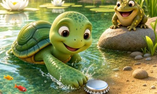 A small green turtle (main character), smiling and gentle, with big round eyes and a shiny ribbed shell, pushes a silver bottle cap toward the shore with its front flipper; a little olive-green toad named Pebble with yellow spots, cheerful and curious, hops nearby on a rock in the background; tiny colorful fish dart under the clear green water, splashing glittering drops near the turtle; a peaceful morning pond with white water lilies, tall waving grasses, golden sunlight reflections and a few reeds; the main scene shows the turtle slowly pulling a metal cap from the water onto the sand, warm bright colors and soft textures, centered composition clear for a 2-year-old.