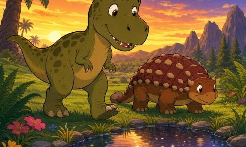 A young Tyrannosaurus Rex with a gentle, awed expression, olive-green skin with darker spots, round cheeks and small non-threatening teeth, walking slowly and placing a foot on fresh grass while slightly frowning in admiration; beside him, slightly behind to the right, stands Nibb, a compact ankylosaur with a smooth reddish-brown, stone-patterned shell, its clubbed tail on the ground and a calm smile, looking toward a small round pond; the green plain rolls with soft grass, tall ferns and colorful flowers, the pond edged with polished stones and tufts of grass reflecting the golden sunset as stars begin to appear and their reflections form dancing, sparkling swirls.
