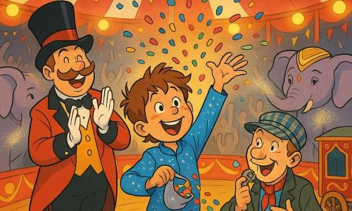 A 10-year-old boy with a round face, freckles and tousled chestnut hair, wearing an electric-blue sparkling suit and a radiant, amazed expression, stands center stage in joyful motion, scattering multicolored confetti from a small silver bag; slightly behind to his left Mr. Pipsqueak, the circus director, an adult man in a bright red suit with an oversized top hat and round mustache, smiles and applauds; to the right Mr. Tootles, an adult train conductor in a checkered cap with a whistle and sparkling eyes, gestures of joy near a small decorated wagon; two lavender-pink elephants with gentle eyes and gold-pompon coverings blow glittery dust in the background on either side; inside a large red-and-white striped circus tent with yellow round spotlights casting circles on the polished wooden ring and colorful bunting and ribbons from the central mast, the scene is a festive grand finale—flying confetti, a blurred crowd raising hands, bursts of light and flamboyant décor, dynamic composition, saturated colors, sharp outlines and a joyful, magical atmosphere.