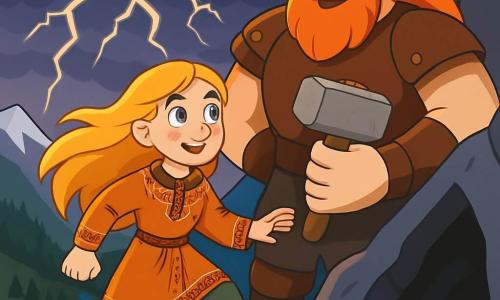 Sigrun, a 16-year-old Viking woman, stands proudly atop a majestic mountain, her long blonde hair flowing in the wind. She wears a thick wool tunic adorned with Nordic patterns, her face showing fierce determination, with eyes shining like stars. Beside her, a giant with piercing eyes, a red beard, and leather armor observes the scene with a kind smile, holding his powerful hammer. The stormy sky is lit by lightning, while below, a deep blue fjord sparkles, surrounded by coniferous forests. The scene conveys an atmosphere of mystery and adventure as Sigrun courageously prepares to enter a dark cave, where the heart of the mountain lies, symbolizing her heroic journey.