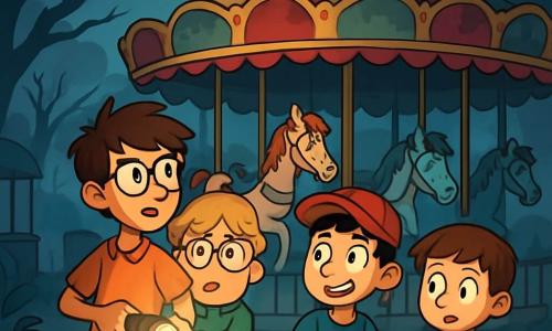There are 4 children: Sam, a 12-year-old tall and thin boy with messy brown hair and glasses, holding a flashlight and looking bravely ahead; Ollie, an 11-year-old small and round boy with blonde hair and glasses slipping down his nose, looking worried behind Sam; Eddy, an 11-year-old boy wearing a red cap, with black hair and a nervous smile, standing next to Sam ready to help; and Max, a 10-year-old small and quick boy with brown hair holding a notebook, slightly back, observing curiously. The setting is an old abandoned amusement park with a huge carousel of colorful horses, its chipped paint shining under the moon. Shadows dance around the rusty rides, and twisted trees loom like threatening silhouettes in the thick fog. The dark sky is dotted with twinkling stars, creating a mysterious atmosphere. The main scene shows the children in front of the carousel, their flashlights illuminating the faces of the frozen horses, while an eerie melody rises from the ride. Sam determinedly points his flashlight at the carousel, while scared Ollie clings to Eddy, who tries to smile despite the fear. Intrigued Max scribbles in his notebook, capturing the mysterious moment.