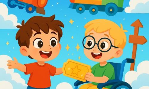 Há 2 personagens principais: - Lucas: um menino de 6 anos, com grandes olhos brilhantes e cabelos castanhos bagunçados. Ele usa uma camiseta vermelha e um short azul, e está de pé, com os braços abertos, sorrindo amplamente. - Tomás: um menino de 6 anos, com cabelos loiros e óculos redondos. Ele está sentado em uma cadeira de rodas azul brilhante, vestindo uma camiseta verde e calças amarelas. Ele olha para Lucas com entusiasmo, com as mãos apoiadas nos apoios de braço da cadeira. O cenário principal é uma estação de trem mágica, flutuando nas nuvens. Nuvens suaves e fofas cercam a estação, enquanto trens coloridos e de formas divertidas voam ao redor. Placas de madeira esculpidas indicam destinos fantásticos, e estrelas brilham no céu azul claro. A situação principal da história mostra Lucas e Tomás descobrindo um incrível bilhete dourado, brilhando ao sol. Eles estão maravilhados, olhando para o bilhete com estrelas nos olhos, prontos para embarcar em um trem que os levará a aventuras extraordinárias no tempo.