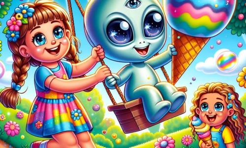 Una niña de cinco años con largos cabellos castaños y ojos brillantes, vestida con un vestido colorido, empuja alegremente a un extraterrestre azul claro, que tiene tres ojos redondos y una gran sonrisa, en un columpio en un parque. Otra niña, también de cinco años, con trenzas rubias y una camiseta a rayas, ríe mientras sostiene un gran cono de helado multicolor, mientras que una tercera niña, con cabello rizado y piel morena, observa con asombro una burbuja de jabón que flota en el aire. El parque está lleno de colores vivos, con árboles verdes exuberantes, flores brillantes y niños jugando, creando una atmósfera alegre y animada. La escena principal muestra al extraterrestre descubriendo las alegrías de la Tierra, divirtiéndose con sus nuevas amigas en un entorno soleado, donde risas y explosiones de color se mezclan con la magia de la amistad intergaláctica.