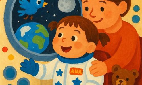 Uma astronauta criança, Ana, sorridente e maravilhada, de cabelos castanhos presos em rabo, rosto redondo, veste um traje espacial branco e azul com estrelas e acena olhando por um grande escotilha que mostra a Terra; a mãe adulta, de expressão doce e cabelo preso, a abraça por trás com carinho; um passarinho espacial azul e vivo bate as asas perto do escotilha; um ursinho de pelúcia marrom, macio e um pouco gasto, está no assento ao lado de Ana. O interior é uma cabine espacial arredondada com paredes creme, botões coloridos e telas com luzes piscantes; ao fundo vê-se a Lua cinza e o Sol amarelo no horizonte, com pequenas estrelas prateadas, atmosfera acolhedora e cores suaves em textura de gouache.
