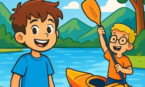 Um menino de 12 anos, chamado João, com cabelos castanhos bagunçados e olhos curiosos, está à beira de um lago cintilante. Ele usa uma camiseta azul vibrante e um short vermelho, exibindo um sorriso largo de empolgação. Ao seu lado, seu amigo Pedro, também de 12 anos, com cabelos loiros e óculos, segura um remo rindo, pronto para embarcar em um caiaque colorido. Ao fundo, o lago é cercado por majestosas montanhas verdes e grandes árvores com folhas brilhantes, sob um céu azul claro com nuvens brancas fofas. A cena transmite uma atmosfera alegre e cheia de vida, enquanto as crianças se preparam para explorar as águas calmas do lago, ansiosas por uma nova aventura de verão.