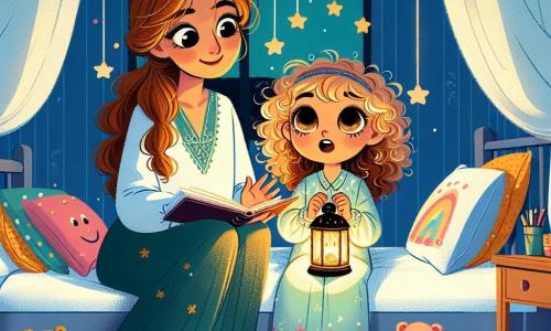 O fetiță de 8 ani, pe nume Ana, cu ochi mari și strălucitori și păr blond ondulat, stă pe patul ei, înconjurată de plușuri colorate. Are o expresie curioasă și ușor îngrijorată, ținând o mică lanternă care îi luminează fața cu o lumină aurie blândă. Lângă ea, mama ei, o femeie zâmbitoare de aproximativ 35 de ani, cu părul castaniu și lung, stă pe marginea patului, încurajând-o cu o privire reconfortantă, în timp ce citește o poveste. Scena se desfășoară într-o cameră de copil caldă, cu pereții vopsiți în albastru pastel, stele strălucitoare lipite de tavan și jucării împrăștiate pe podea. O fereastră deschisă lasă să intre o briză ușoară de noapte, făcând perdelele să danseze. Ana, cu lanterna ei, explorează întunericul camerei, transformând umbrele în forme amuzante, în timp ce mama ei îi povestește o istorie, creând o atmosferă magică și reconfortantă.