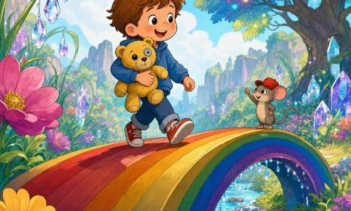 Ein vierjähriger Junge mit rundem Gesicht, zerzaustem braunem Haar und strahlenden Augen lächelt selbstbewusst, während er auf einer breiten, regenbogenfarbigen Bogenbrücke geht und einen kleinen, abgenutzten gelben Teddy mit einem etwas größeren, gestickten Auge hält; eine winzige Maus namens Mali mit roter Kappe steht am Brückenrand und feuert ihn an, unter der Brücke fließt ein klarer, perlend schimmernder Bach, im Hintergrund erstreckt sich ein Tal mit riesigen Blumen, durchsichtigen Kristallen in den Gräsern und leicht leuchtenden, bunt gefärbten Blättern, die Szene ist hell, farbintensiv und strahlt Abenteuerlust und Entdeckerfreude aus.