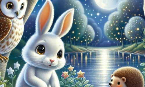 A small white rabbit named Benny, with big curious eyes and long ears, stands at the edge of a shimmering lake under the moonlight. He looks amazed and a bit nervous, with his front paws slightly raised as if about to explore. Beside him, a wise owl named Oliver, with brown feathers and bright round eyes, perches on a tree branch, displaying a reassuring and encouraging expression as he watches Benny kindly. A little further away, a small hedgehog named Hazel, with soft spines and a worried face, stands near a bush, looking at Benny with admiration, her eyes sparkling with curiosity, ready to overcome her fear of the dark. The setting is an enchanted clearing bathed in silver moonlight, surrounded by trees with shimmering leaves and glowing flowers that seem to shine in the darkness. The main scene shows Benny, Oliver, and Hazel discovering the beauty of the night together as they approach the lake, mesmerized by the sparkling reflections and dancing fireflies around them, symbolizing the hidden magic in the darkness.