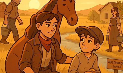Lena, vrouw, heldin, vast maar zacht kijkend, bruine haren in een staart, versleten leren jas en rood bandana, licht glimlachend, zittend op een rots met hand op de rug van een rustige alezane paard; Finn, jongen ~12, verlegen en nieuwsgierig, te grote pet, stoffige kleren, houdt een stuk brood en kijkt bewonderend naar Lena, naast haar op dezelfde rots; Hank, man ~50, groot en gespierd, verweerd gezicht, cowboyhoed, jeans en laarzen, draagt een emmer water, links, lopend richting de rivier; Mira, vrouw ~35, gevlochten haar, fier maar rustig, werkjurk en laarzen, draagt ook een emmer, rechts bij een rij jonge appelbomen, loopt naar Hank en wisselt een begripvol teken; locatie: gouden weide bij schemering met een heldere rivier tussen twee boerderijen (adobewoning met appelbomen rechts, rode schuur links), lage heuvels, fijn stof en wuivend hoog gras, houten bord bij het water met opschrift WATERWACHT — SAMEN; hoofdscene: verzoenend moment bij zonsondergang — kalm, warm en hoopvol, personages werken samen om water terug in de beek te brengen, oranje avondlicht en lange schaduwen, serene geruststellende sfeer.