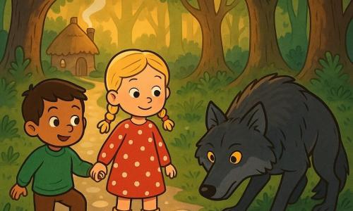 Drei Figuren: Anna, 4 Jahre, blonde Zöpfe, rotes gepunktetes Kleid, steht mitten auf dem silbrig schimmernden Steinweg, hält die Hand von Ben und blickt ruhig zum Wolf; Ben, 4 Jahre, braune kurze Haare, grüner Pulli, steht links von Anna mit einem Fuß auf einem glänzenden Stein; ein großer dunkler Rüde, graues Fell mit schwarzen Schattierungen und glänzenden haselnussbraunen Augen, kauert am Rand des Weges rechts der Kinder, schnuppert am Boden und zieht sich leicht zurück. Schauplatz: ein klarer Weg aus silbernen Steinen, der durch einen dichten Wald mit hohen, knorrigen Bäumen führt, warme Spätnachmittagsstrahlen fallen goldig durch die Zweige, Moose und niedrige Farne, hinten links eine kleine runde Hütte mit rauchendem Schornstein. Hauptsituation: Die Kinder stehen Hand in Hand ruhig und zuversichtlich auf dem hellen Weg; der große Wolf bleibt zögernd an der Waldrandgrenze, die Szene wirkt sanft und beschützend mit warmen Farben und klarem Kontrast zwischen dem schützenden Weg und dem Waldschatten.