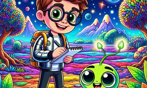Ein Mann, Dr. Felix Stern, steht auf einem bunten Boden eines fremden Planeten, umgeben von leuchtenden Pflanzen. Er hat unordentliches braunes Haar, runde Brille und trägt einen glänzenden Raumanzug. Sein Gesicht drückt Staunen und Neugier aus, während er die Wunder dieser neuen Welt beobachtet. An seiner Seite schwebt Glim, eine kleine grüne Kreatur mit großen, ausdrucksvollen Augen und einem fröhlichen Lächeln. Glim zeigt Felix eine Pflanze, die in strahlendem Licht leuchtet. Die Umgebung ist eine fantastische Landschaft mit bunten Bäumen, glitzernden Flüssen und einem Himmel voller leuchtender Sterne und bunter Nebel. Schwebende Berge am Horizont verleihen der Szenerie einen Hauch von Magie. Die Hauptsituation zeigt Dr. Felix Stern und Glim, die gemeinsam diese faszinierende Welt erkunden, während Felix ein Notizbuch hält, bereit, seine Entdeckungen festzuhalten, während Glim ihm eine farbwechselnde Pflanze zeigt, die Staunen und intergalaktische Freundschaft symbolisiert.