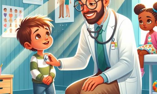 Ein lächelnder und freundlicher Arzt, Dr. Max Müller, trägt einen weißen Kittel und eine große runde Brille. Er untersucht einen etwa 7-jährigen Jungen, der auf einer Untersuchungsliege sitzt. Der Junge hat zerzauste braune Haare und einen besorgten Blick, beginnt aber zu lächeln, als er den Arzt sieht. In dem Raum beobachtet ein etwa 6-jähriges Mädchen mit Zöpfen und einem bunten Kleid neugierig die Szene und hält ein Bilderbuch über Gesundheit in der Hand. Sie sitzt etwas abseits auf einem Stuhl, ihr Gesicht zeigt Begeisterung. Der Raum ist hell und freundlich, mit hellblauen Wänden, Gesundheitsplakaten und bunten Spielzeugen auf dem Boden. Ein großes Fenster lässt Sonnenlicht herein und schafft eine warme Atmosphäre. Dr. Müller beruhigt den Jungen und erklärt ihm, dass er ihn untersuchen wird, um sicherzustellen, dass er gesund ist, während das Mädchen aufmerksam zuhört und fasziniert von der Arbeit des Arztes ist.