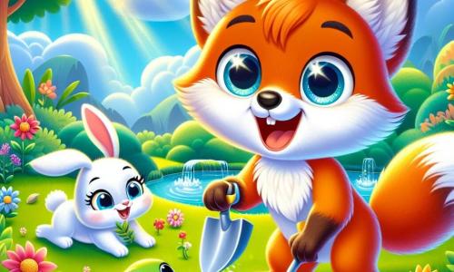 Un pequeño zorro llamado Rufi, con un pelaje naranja brillante y ojos llenos de curiosidad, está plantando semillas en un jardín soleado. Tiene una gran sonrisa en su rostro, mostrando su entusiasmo por el proyecto. Junto a él, Lila, una adorable conejita de grandes orejas y pelaje blanco, salta alegremente con una pequeña pala, lista para ayudarlo. Tito, un pájaro colorido con plumas azules y amarillas, vuela sobre ellos, mostrando una expresión de emoción mientras busca semillas. Momo, una tortuga con un caparazón verde y brillante, está cerca de un pequeño arroyo, llenando su caparazón de agua con aire concentrado. El jardín es un lugar mágico, lleno de flores coloridas, vegetación exuberante y rayos de sol que iluminan la escena. Al fondo, se pueden ver árboles majestuosos y un cielo azul claro con nubes blancas esponjosas. La escena principal muestra a Rufi y sus amigos trabajando juntos con alegría para crear su jardín, simbolizando la amistad y el trabajo en equipo.