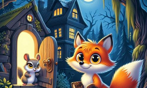 Un pequeño zorro de pelaje naranja brillante, con grandes ojos curiosos y una expresión a la vez valiente y un poco asustada, se encuentra frente a una antigua casa misteriosa. Mira con determinación la puerta entreabierta, listo para entrar. A su lado, una hermosa ardilla de ojos brillantes y pelaje suave, llamada Lila, muestra una sonrisa alentadora mientras sostiene un viejo libro con sus patas. La casa, inmensa y oscura, está rodeada de árboles de ramas torcidas, con ventanas oscuras y un techo cubierto de musgo, mientras una luz lunar ilumina la escena, creando una atmósfera mágica y inquietante. Rufi, el zorro, está a punto de cruzar el umbral de la casa, mientras sombras bailan a su alrededor, añadiendo un toque de misterio a esta emocionante aventura.
