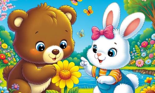 Bruno, ein kleiner brauner Bär mit funkelnden Augen und einem fröhlichen Lächeln, hockt neben einer schönen gelben Blume und riecht sie mit Staunen. Neben ihm springt Lila, ein niedlicher weißer Hase mit großen Ohren und seidig weichem Fell, vor Freude und zeigt auf einen bunten Schmetterling, der um sie herumfliegt. Die Szenerie ist ein frühlingshafter Garten voller Farben, mit leuchtenden Blumen, blühenden Bäumen und einem klaren blauen Himmel, der mit flauschigen weißen Wolken gesprenkelt ist. Im Hintergrund funkelt ein kleiner Teich in der Sonne, umgeben von üppigem Grün. Die Szene zeigt Bruno und Lila bei ihrer Erkundung, fasziniert von der Schönheit des Frühlings, umgeben von Blumen und Insekten, die die Freude und das Staunen dieser magischen Jahreszeit symbolisieren.