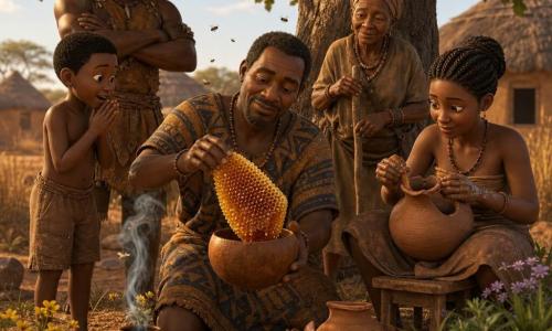 Kofi, een ongeveer 40‑jarige man met donkere huid en kort haar, knielt onder een grote vijgenboom met rood fruit en houdt voorzichtig een houten kalebas terwijl hij met een dunne, blauwige kruidendamp een gouden honigraat plaatst; de circa 8‑jarige jongen Sadio staat links van hem met verwonderde blik en handen bij de mond, Awa, een pottenbakkende vrouw van ongeveer 30 met gevlochten haar en klei aan haar vingers, zit rechts op een laag krukje en lijmt zacht een gebroken kruik, Bemba, een robuuste jager van circa 35 met leren kleding en beginnende baard, staat op de achtergrond met gekruiste armen en een half geamuseerde, half onder de indruk blik, en de oudere Nana Esi van ongeveer 70 staat bij de stam met een gebeeldhouwde stok en een warme, oplettende blik; de scène speelt zich af aan de rand van de savanne met stoffige grond, hoge droge grassen, een klein tuinperk met gele en paarse bloemen, een kom helder water die de lucht weerspiegelt en enkele okerkleurige lemen hutten op de achtergrond, in het warme gouden licht van de ondergaande zon, een sfeer van geduld, delen en respect tussen mens en natuur.