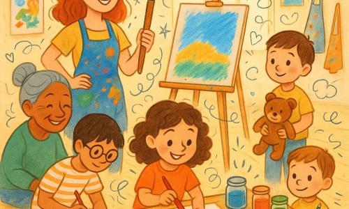La protagonista è un'artista donna sorridente dai capelli rossi medi e occhi nocciola, in grembiule macchiato, che tiene un grande pennello e osserva con orgoglio un quadro su un cavalletto; a destra c'è Pietro, 6 anni, capelli castani corti, con l'orsacchiotto Lucky e un pennello rosso davanti a una tavola di barattoli di colore; a sinistra siede la nonna Lucia, ~70 anni, capelli grigi raccolti, che disegna con pastelli verdi e marroni; dietro la tavola è accovacciato Marco, ~14 anni, occhiali tondi e maglietta a righe, che abbozza una macchina su un taccuino; al centro Anna, ~8 anni, capelli castani ricci, è concentrata e felice mentre dipinge piccole farfalle rosa su un grande foglio; il luogo è un atelier luminoso con grandi finestre, tavoli in legno macchiati di vernice, barattoli d'acqua e pennelli, quadri appesi; l'artista conduce un laboratorio collettivo intimo e creativo dove tutti dipingono insieme attorno a un'ampia tavola, in un'atmosfera calda e colorata.