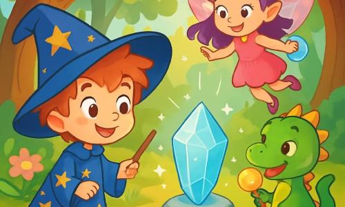 Un piccolo apprendista stregone di nome Leo, un ragazzo di sei anni con capelli arruffati e un grande cappello a punta troppo largo per la sua testa, guarda con occhi brillanti di curiosità un cristallo scintillante nella foresta. Indossa una veste da stregone blu decorata con stelle dorate e tiene in mano una piccola bacchetta di legno di quercia. Accanto a lui, Fata Lilla, una piccola fata con ali traslucide e colorate, fluttua gioiosamente nell'aria, con i capelli viola che le svolazzano intorno. Sorride guardando Leo, pronta ad aiutarlo nella sua ricerca. Poco più in là, Verdepiuma, un piccolo drago dalle squame verdi e dagli occhi scintillanti, si trova su una pietra, leccando un dolcetto al miele e osservando la scena con aria divertita. La scena si svolge nel cuore della Foresta Sussurrante, dove alberi maestosi con tronchi nodosi si ergono verso il cielo e fiori luminosi tappezzano il terreno. Raggi di sole filtrano attraverso il fogliame, illuminando il cristallo magico che brilla di mille luci. Leo, meravigliato, si avvicina al cristallo scintillante, pronto a scoprire il mistero che racchiude, mentre Fata Lilla e Verdepiuma lo incoraggiano con entusiasmo.